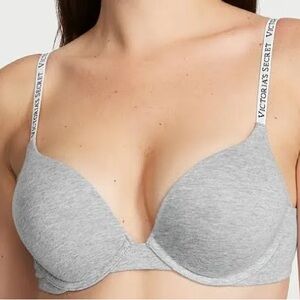 Victoria’s Secret T-Shirt Push Up Full Coverage Gray White Logo Straps Bra 36D